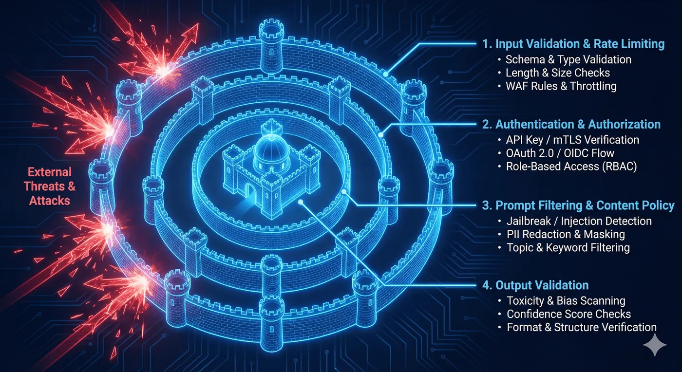 Defense-in-depth security layers for AI applications