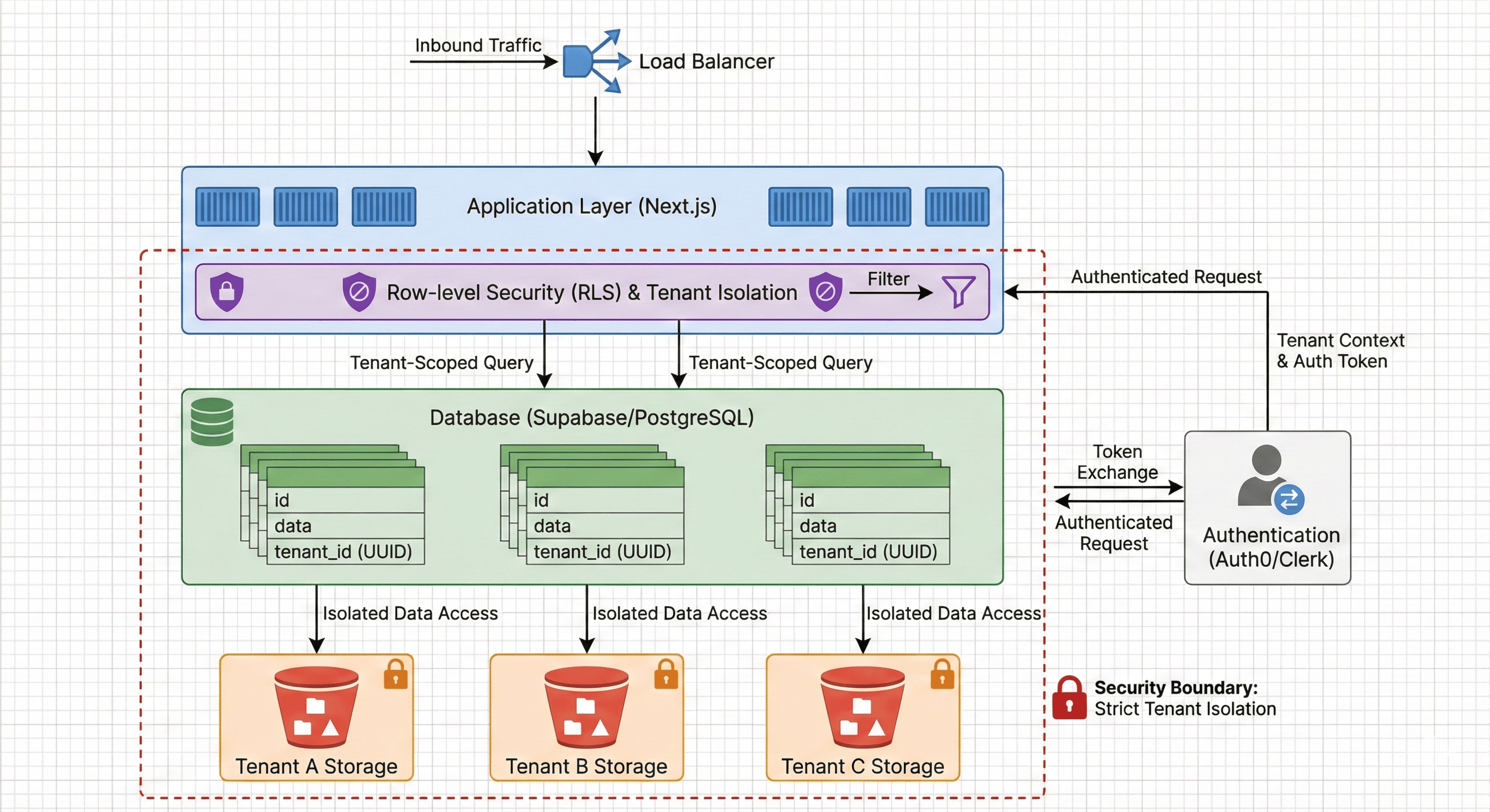 Multi-tenant SaaS architecture showing authentication, session with tenant_id, and row-level security enforcing tenant isolation
