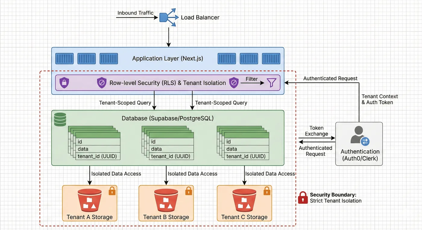 Multi-tenant SaaS architecture showing authentication, session with tenant_id, and row-level security enforcing tenant isolation